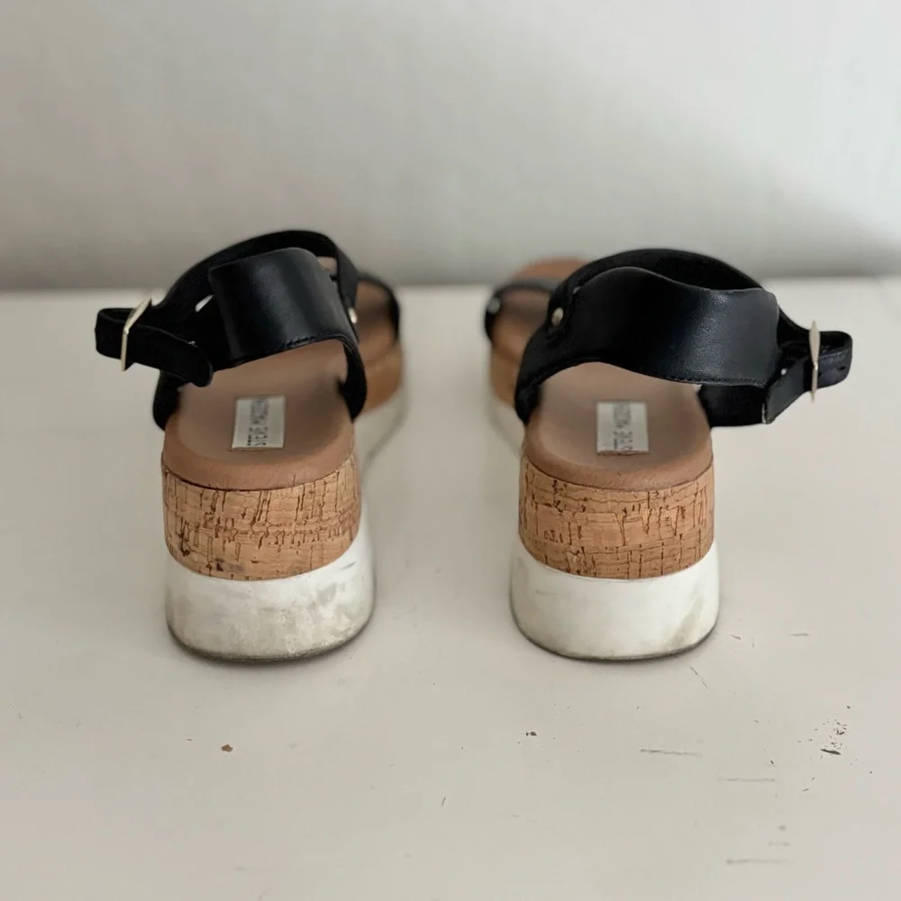 Steve Madden Rosalita Stacked Cork Platform Leather Sandals, Black, 8